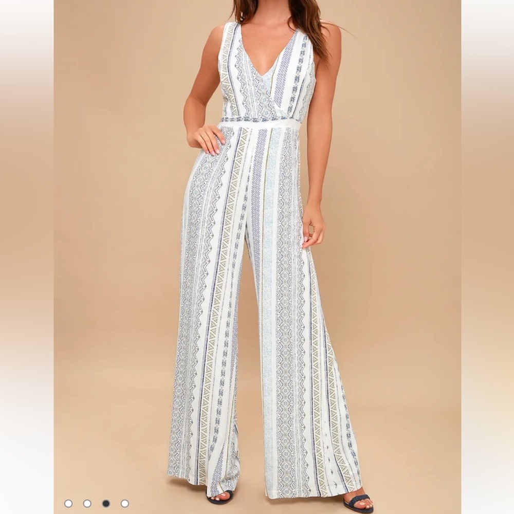 XS Lulu’s Blue and White Print Jumpsuit